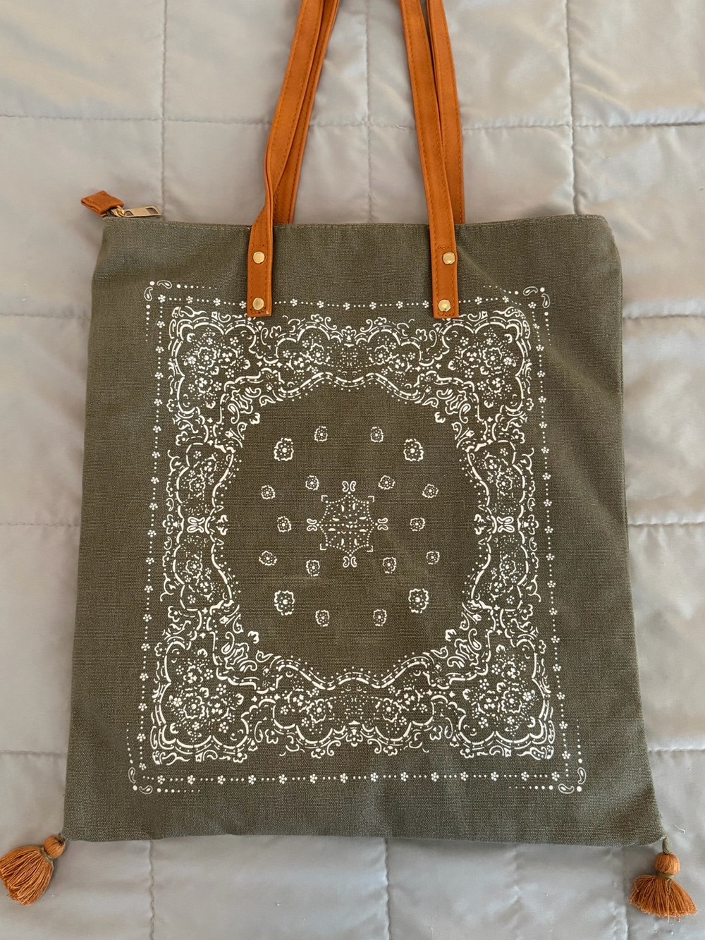 Canvas Tote Bag with White Bandana Print and Tan Handles